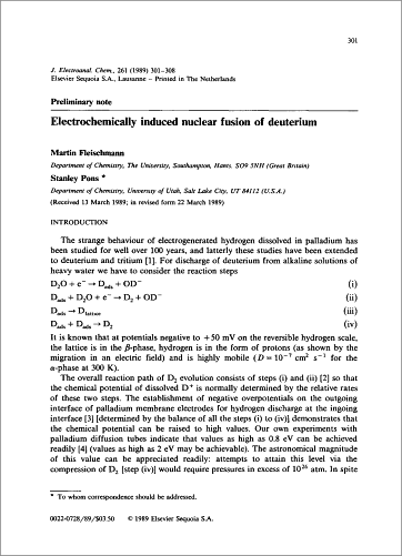 Fleischmann/Pons: Electrochemically induced nuclear fusion of deuterium - 1989